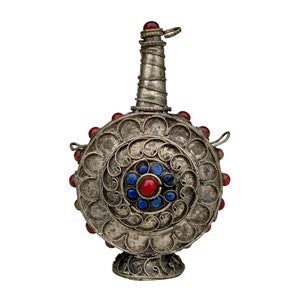 Antique Tibetan Silver Plated Inlaid Gem Snuff Bottle