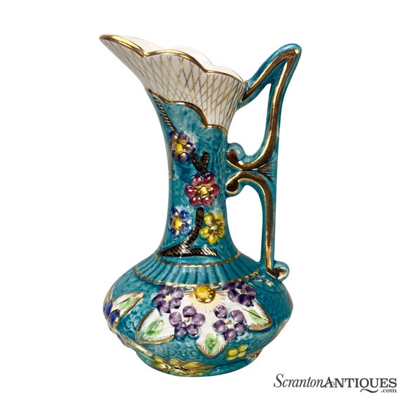 Vintage Porcelain Quaregnon Belgium Floral Moitif Tall Ewer