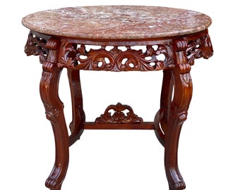 Vintage Victorian Heavily Carved Oval Red Marble Top Occasional Table