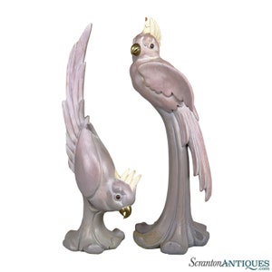 Vintage Art Deco Life Sized Cockatiel Parrot Bird Wood Sculpture - A Pair