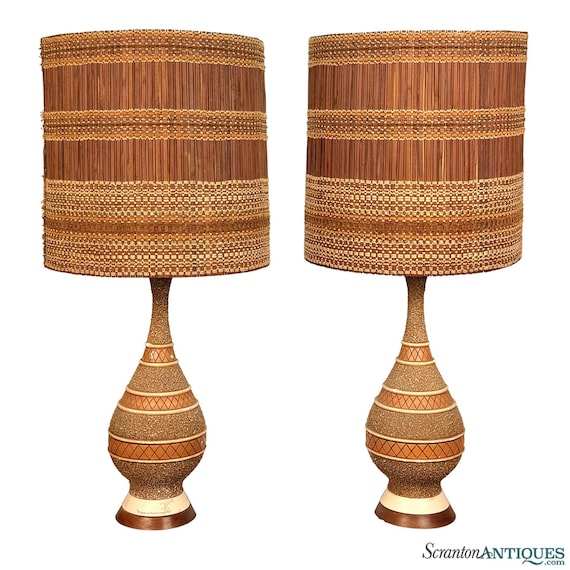 Mid-Century Boho Terracotta Chalkware Table Lamps w/ Maria Kipp Woven Shades