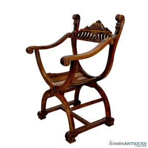 Antique Victorian Renaissance Revival Walnut Carved Savonarola Chair