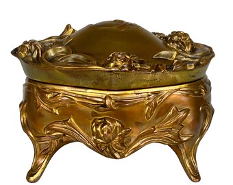 Vintage Art Nouveau Gold Gilded Cast Metal Trinket Dresser Box