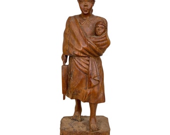 Vintage African Figural Woman & Baby Wood Carved Sculpture