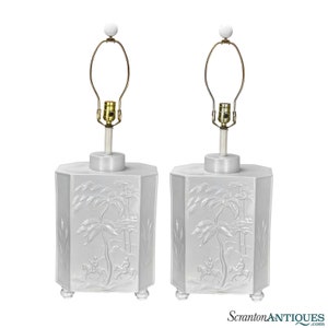 Vintage Hollywood Regency Oriental White Italian Porcelain Table Lamps - A Pair