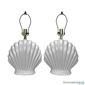 Vintage Coastal Ceramic Clam Shell Scalloped Table Lamps - A Pair