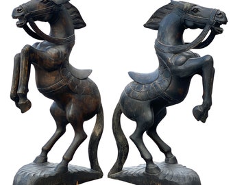 Antique Large Italian Black Walnut Carved Horse Floor Sculpture Ranch Statue - A Pair