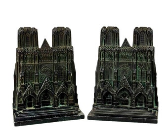 Antique Victorian Gothic Notre Dame Cathedral Library Bookends - A Pair
