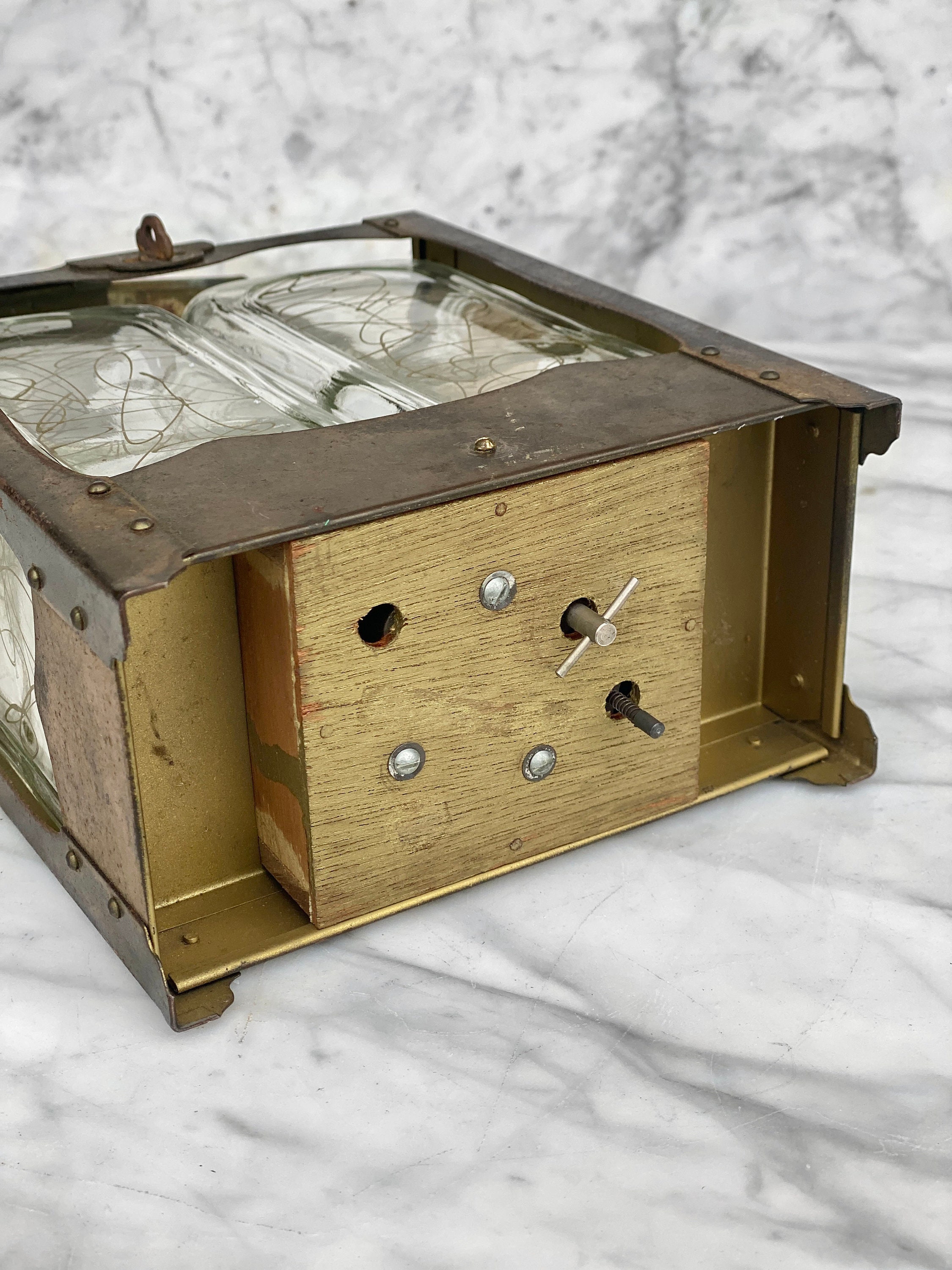 Vintage Double Glass Music Box Brass Carrying Liquor Decanter Etsy