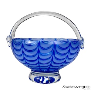 Vintage Italian Murano Blown Art Glass Blue Centerpiece Bowl w/ Handle