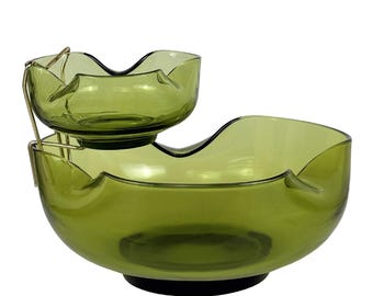Mid-Century Avocado Green Pinched Glass Chip & Dip Serving Bowls