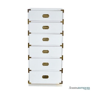 Vintage Hollywood Regency White & Gold Campaign Tall Lingerie Dresser Chest of Drawers