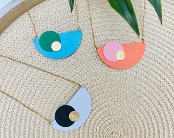 Wood and brass geometric semicircle necklace