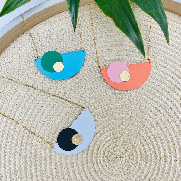 Wood and brass geometric semicircle necklace