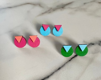 Bright contrast colour geometric stud earrings, wooden earrings