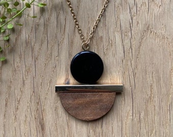 Wood, black resin and brass geometric necklace with a long chain