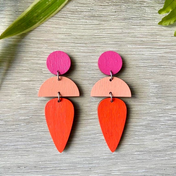 Colourful wooden geometric drop earrings