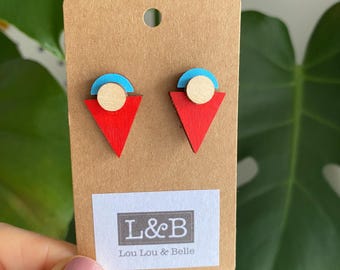 Red and turquoise geometric triangle stud earrings - wooden earrings