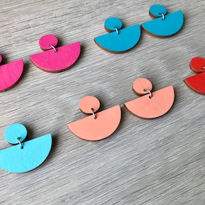 Various colours wooden geometric semi-circle drop earrings