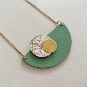 Sage green wood and brass geometric semicircle necklace