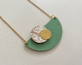 Sage green wood and brass geometric semicircle necklace