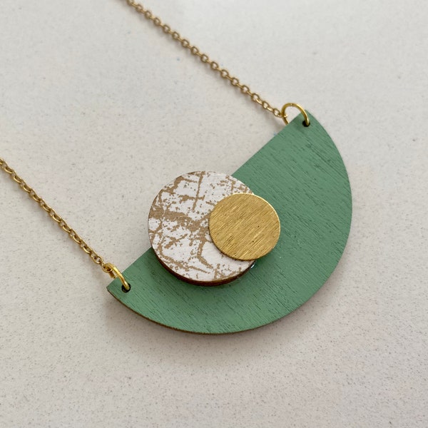 Sage green wood and brass geometric semicircle necklace