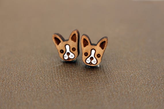 French Bulldog Wooden Stud Earrings: Hand-Painted Cherry Wood