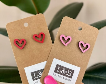 Wooden pink or red heart valentines stud earrings