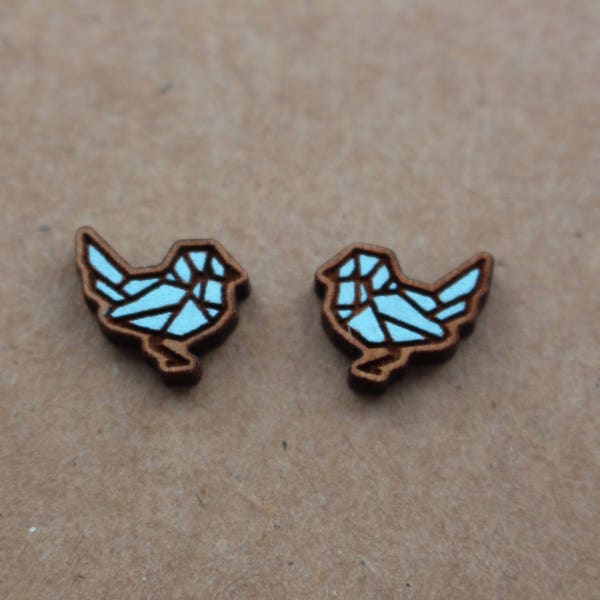Mint blue wooden geometric bird earrings - bird studs, wooden jewelry, wooden jewellery, handmade earrings, origami studs