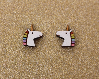 Unicorn Stud Earrings: Hand-Painted Wooden Jewelry