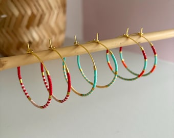 Delicate miyuki beaded gold hoops available in 3 different colour ways