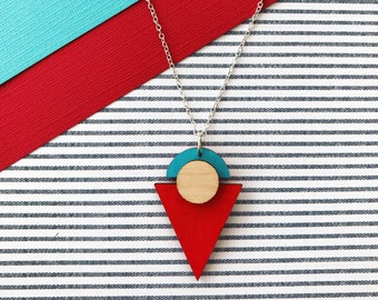 Red and turquoise geometric wooden necklace