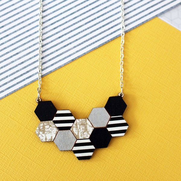 Monochrome wooden geometric hexagon necklace