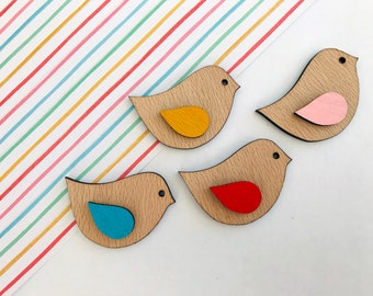 Laser Cut Cherry Wood Bird Brooch - Hand Painted Wing