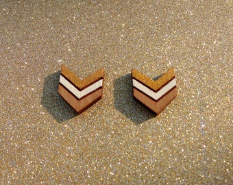 Gold and cream wooden chevron stud earrings