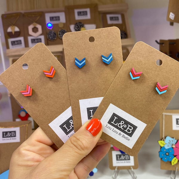 Colourful wooden chevron stud earrings available in three colourways