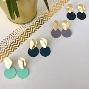 Matt coloured disc and brass earrings