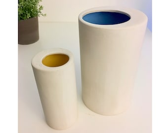 Modern White Matte Ceramic Vase 80s Pair Vintage Pot Pottery Flower Floral Modulus Made in Taiwan Blue Yellow Art Deco Mod