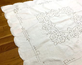 Ensemble nappe et serviettes en lin vintage, mosaïque florale brodée à la main
