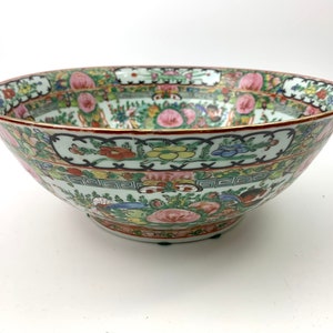 Vintage Large Famille Rose Canton Punch Bowl Porcelain China Chinese Export Pottery Medallion Green Pink Colorful