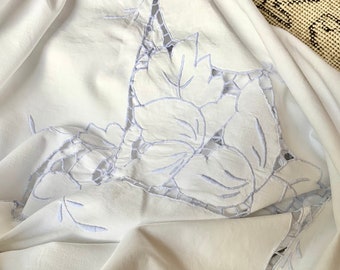 Vintage White Cotton Tablecloth & 8 Napkins: Blue Embroidered Floral Cutwork