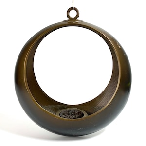 Large vintage Japanese Hanging Bronze Crescent Moon Vase Ikebana with Kenzan Floral Flower Frog Pin Round Metal Mikazuki Kabin