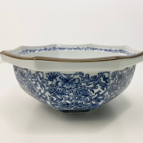 Vintage Blue and White Porcelain Bowl Pot Planter Brown Rim Octagonal Ceramic Japan Jardiniere Asian Flower Takahashi Chinoiserie