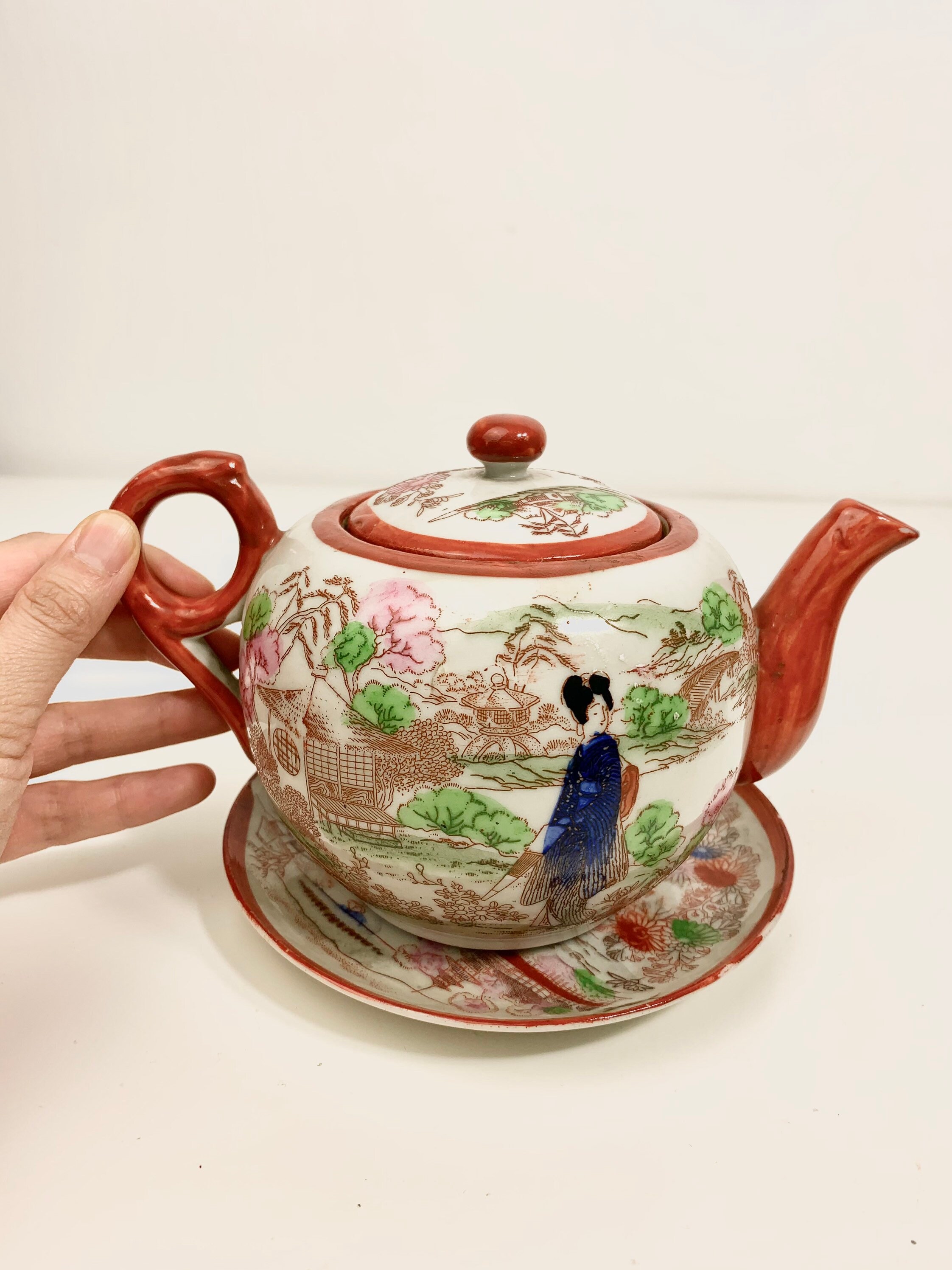 Vintage Red Geisha Girl Tea Pot Cups Saucer Japan Ceramic Etsy