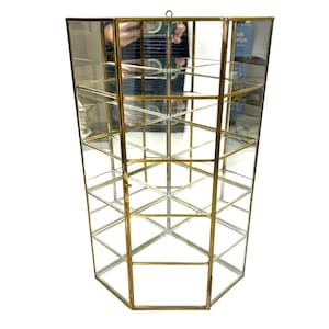Vintage Brass Corner Display Case: Mirrored Glass Curio Box