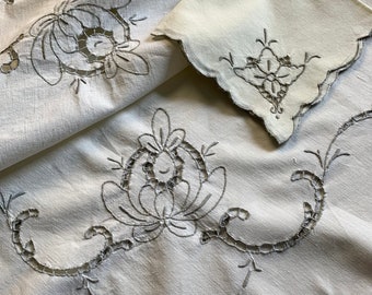 Vintage Madeira Linen Tablecloth & 12 Napkins: Ecru Gray Embroidered Cutwork