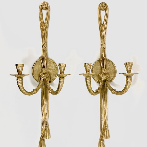 Pair of Vintage Brass Tassel Knotted Ribbon French Style Gold Wall Sconces Taper Rococo Ornate Metal Decorative Crafts Rope