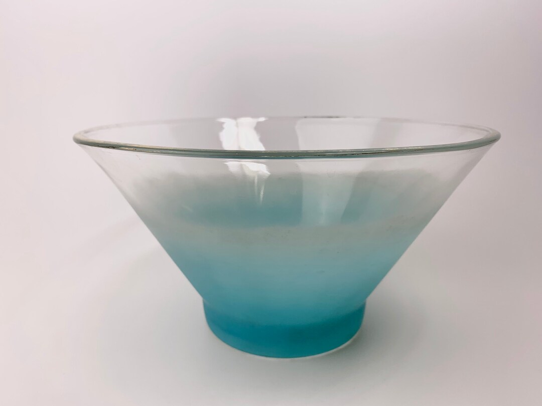 Vintage Blendo Frosted Glass Salad Bowl Blue Turquoise Mid Century