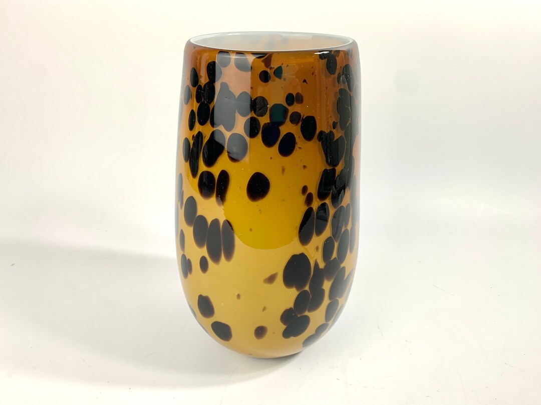 Hand Blown Tortoise Shell Glass Vase Tall Round Vintage Flower Floral