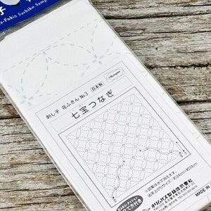 Classic Sashiko Shippo Seven Treasures Stitching Kit with Pre Printed Stencil Design on White Fabric and Thread of Choice